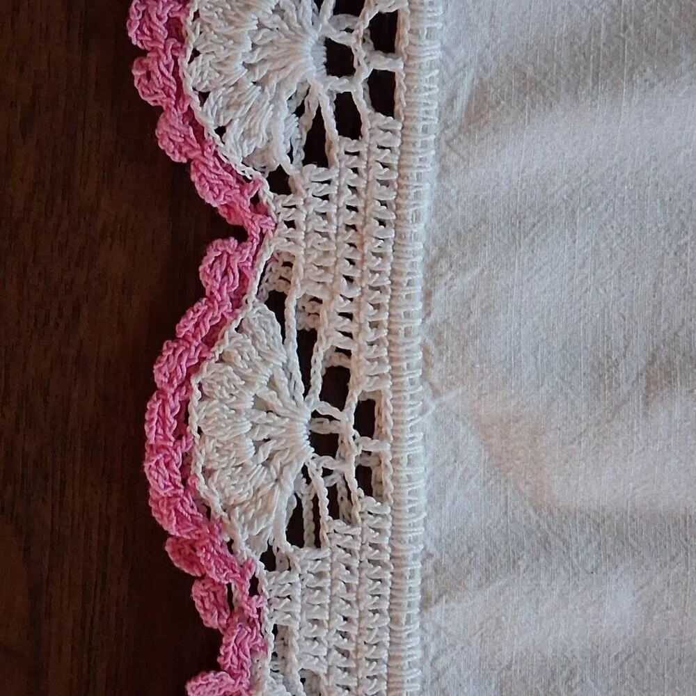 Vintage 1950s Hand Embroidered Easter Basket Tablecloth 72x53 w/ Crochet Trim